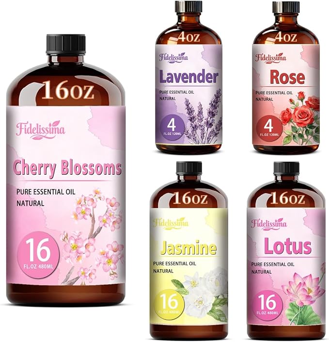 Fidelissima Natural Essential Oil Set,5 Scents Gift Kit –Cherry Blossom,Lavender,Rose,Jasmine,Lotus,Fragrance Oil for Diffuser,Candle Soap Making,Personal Care with Glass Dropper