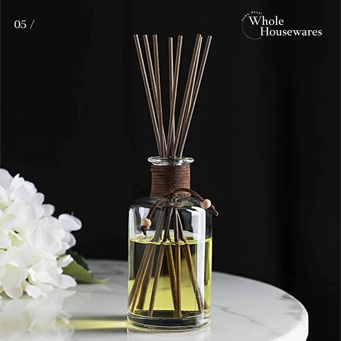 WHOLE HOUSEWARES Set of 4 Diffuser Bottles with Sticks - 7.5oz Empty Glass Diffuser Bottle for Essential Oils - Oil Diffusers Container with 32pcs Reed Sticks for Aromatherapy and Home Fragrance