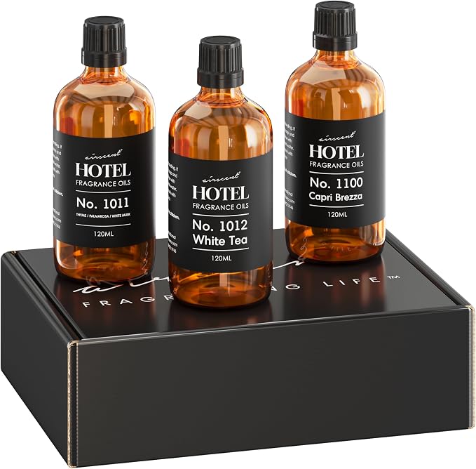 AirScent Hotel Diffuser Oil Beach Escape 3-Pack Gift Set - 120 mL Fragrance Oil Bottles for Ultrasonic and Waterless Diffusers and Crafting - Beach Villas, Capri Brezza & The White Tea Hotel Scent