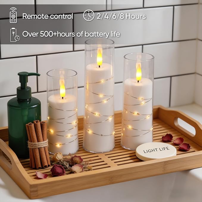 Raycare Flameless Candle with Remote Timer, 3 Flickering Acrylic Battery Operated LED Pillar Candles with Embedded Star String for Home Decor, Christmas, Wedding, Home Table Decor(White)