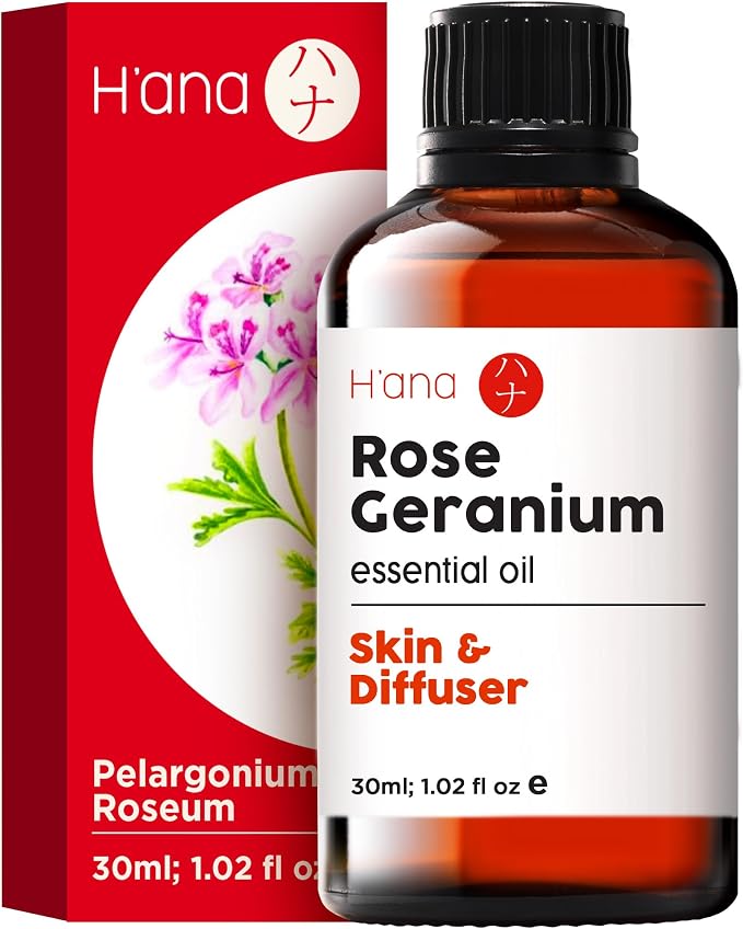 H'ana Rose Geranium Oil - 1.02 Fl Oz Rose Geranium Essential Oil for Hair, Skin, Diffuser, Aromatherapy & DIY