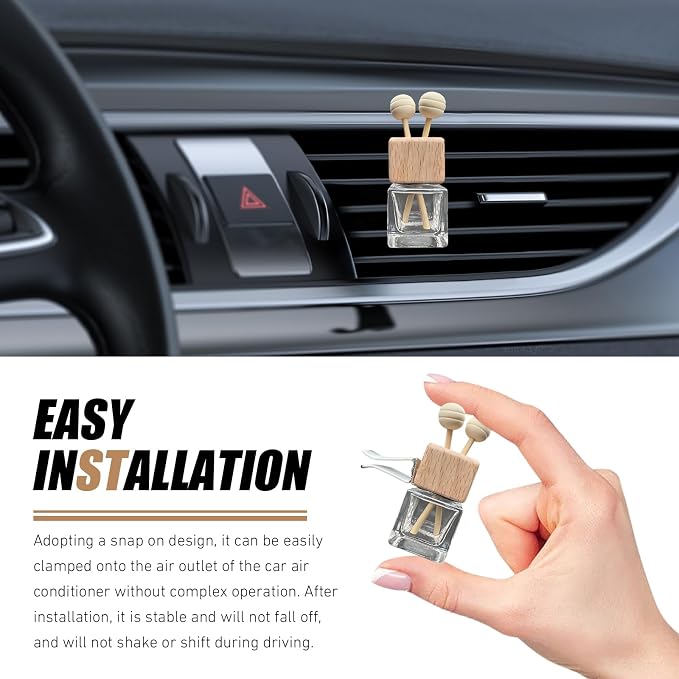 4 PCS Car Diffuser Air Freshener Bottles, Refillable Empty Glass Essential Oil Diffuser Vent Clip & Wooden Caps Sticks, Universal Aromatherapy Diffusers for Most Vehicles (Square)
