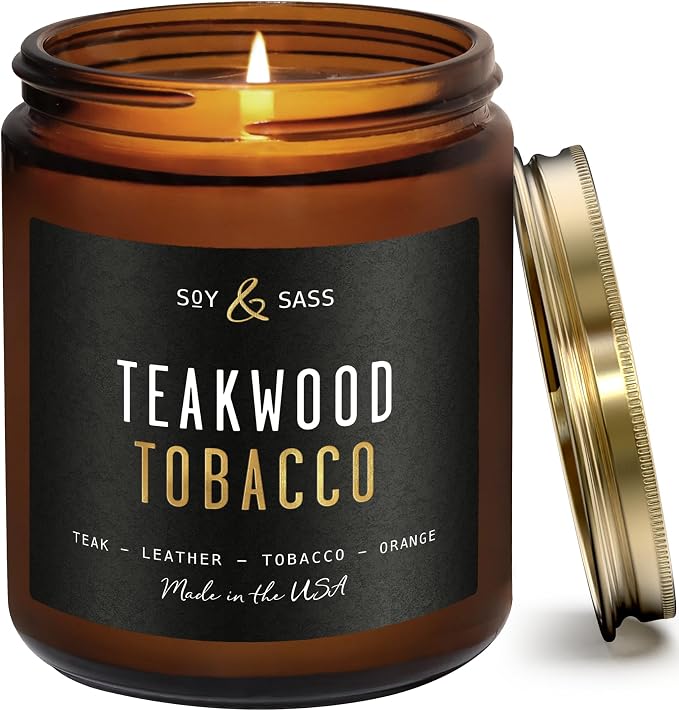 Teakwood & Tobacco Candle I Scented Black Candles for Men or Women - Teakwood, Tobacco & Orange Soy Wax Mens Candle - Infused w/Essential Oils | Long-Lasting 50Hr Burn, 9oz I Non Toxic I Made in USA