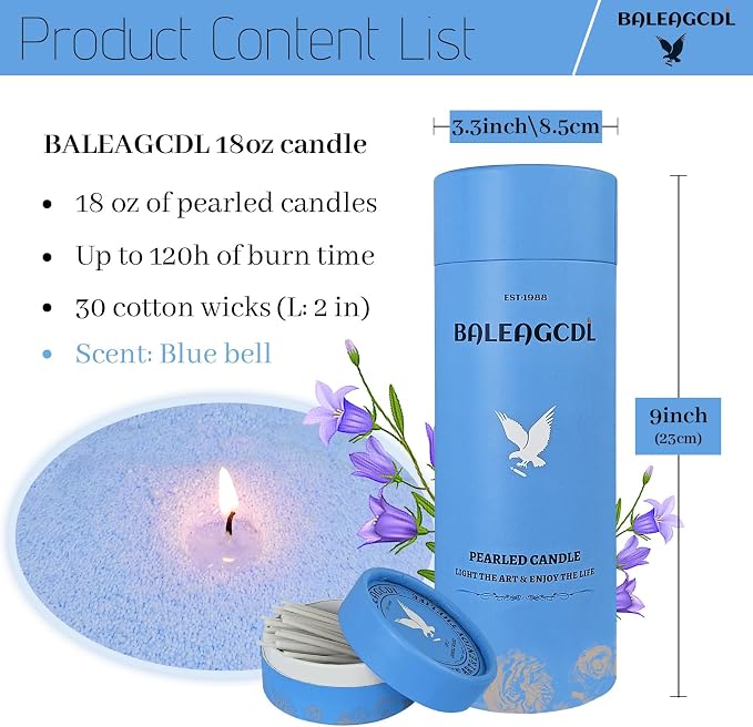 Azure Whisper Pearled Candle, 18 Oz Blue Bell Scented Candle with 30 Wicks, 120H Clean Burning Refillable Blue Pearled Wax for DIY Crafts Gifts