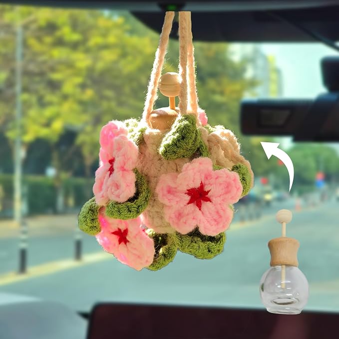 Crochet Car Air Freshener Cherry Blossom Accessories - 12ml Empty Refillable Oil Diffuser Bottle, Crochet Hanging Plant Car Decor Mirror Accessories For Women and Men