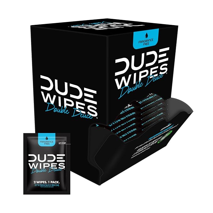 DUDE Wipes Double Deuce Unscented Travel Wipes - 2 Wipes per Pack (40 packs, 80 Count) - On-The-Go Adult Flushable Wipes for Sensitive Skin - Infused with Vitamin E and Aloe - Septic and Sewer Safe