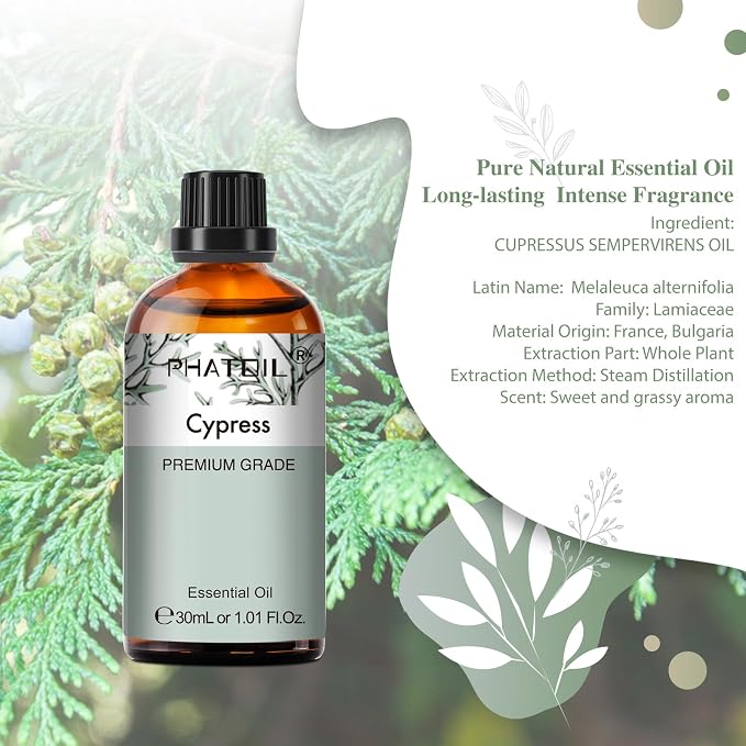 Cypress Essential Oil, 1.01Fl.Oz (30ML) PHATOIL Pure Essential Oil Singles for Aromatherapy Diffusers, Humidifiers, Great for DIY Candle and Soap Making, Gift for Friend