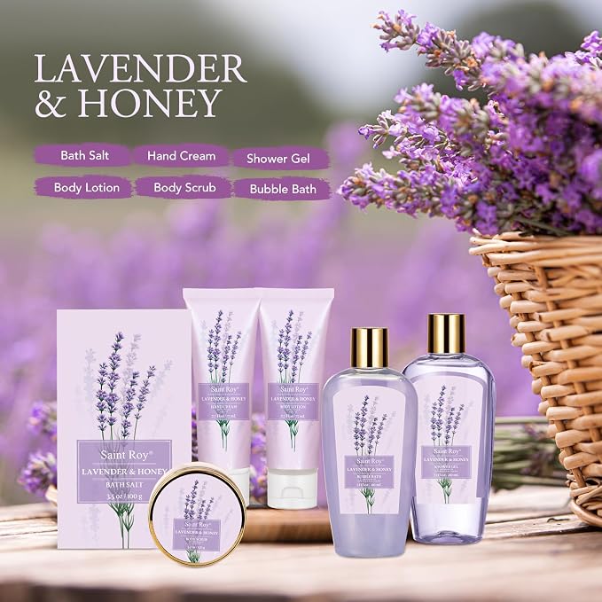 Lavender Bath and Body Gift Basket, Face Skin Care Set, Spa Kit, Self-Care | Bath Gift Baskets, Spa Gifts for Women, Spa Kit, Spa Gifts for Women Bath and Body Lavender Honey Gift Set, Mom, Girlfriend