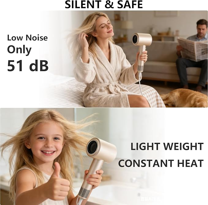 Hair Dryer, High Speed Ionic Blow Dryer, 160000 RPM, Low Noise,5X-Fast Drying, 2 Billion Negative Ions, Compact Blow Dryer with Magnetic Diffuser for Faster Drying All Hair Types(Iridescent)