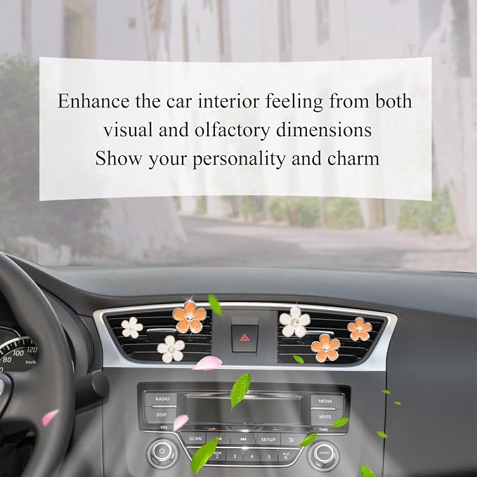 ORIESSE 6pcs Daisy Flower Air Vent Clips Car Air Fresheners White Orange Cute Daisy Car Decor Girly Car Accessories for Women Sparkle 3.3cm/3cm/2.5cm Flower Car Vent Clips Refillable Car Diffuser