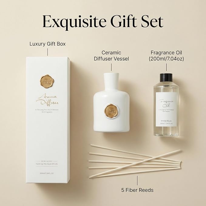 Reed Diffuser Set-White Musk-Strong Scent,Long-Lasting Evaporation with Natural Reed Sticks & Essential Oils, Elegant Fragrance for Bathroom Bedroom OfficeDecor Air Fresh-Ideal Gift