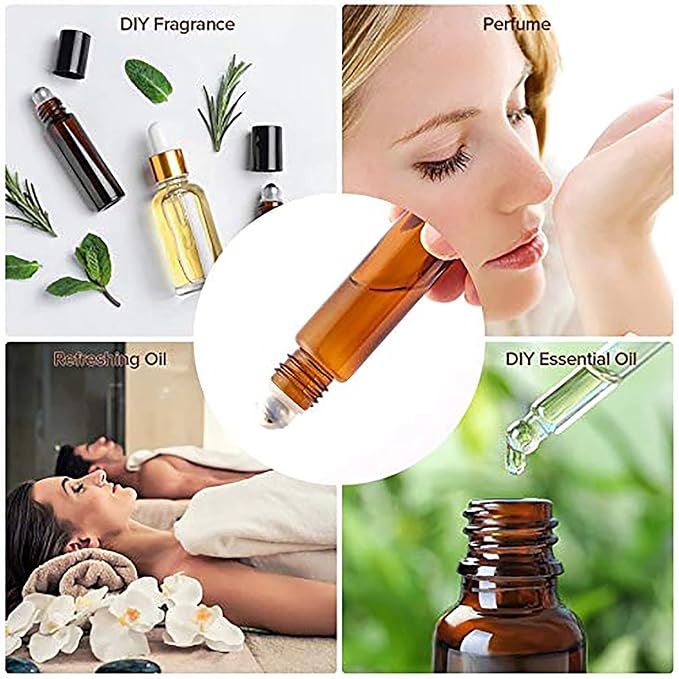 Hoa Kinh Roller Bottles for Essential Oils 10ml 48Pack Empty Amber Glass Perfume Roller Bottles with Stainless Steel Balls Refillable Roller Ball Applicator for Hair, Essential Oil