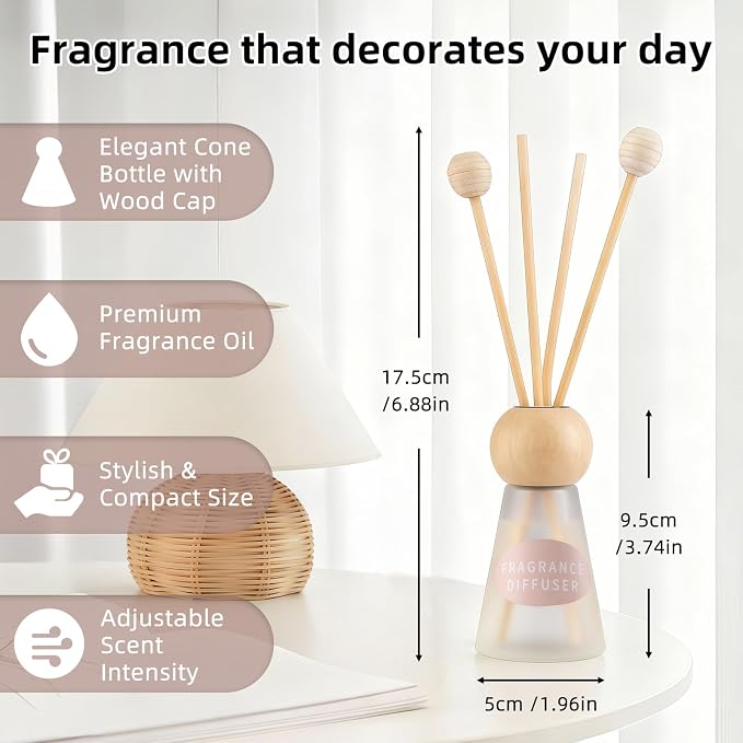 Reed Diffuser Set, White Musk Scent with Reed Sticks, 1.7 fl oz / 50ml Cone-Shaped Bottle with Round Wooden Cap, Ideal for Bathroom, Bedroom, Office, Home Fragrance for Shelf Decor Air Freshener Gift