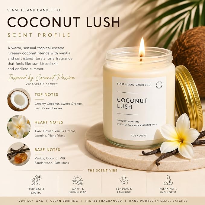 Coconut Lush Scented Candle | Inspired by VS Coconut Passion | 7oz Soy Wax Long Lasting Scented Candle for Women | Gift for Women Sensual Warm and Cozy Fragrance