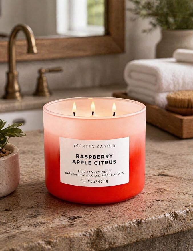 Raspberry Apple Citrus 3-Wick Soy Candle | 15.8 oz Large Scented Candle for Home | Clean Burn Long Lasting | Fruity Citrus Spice Scent | Gift Ready