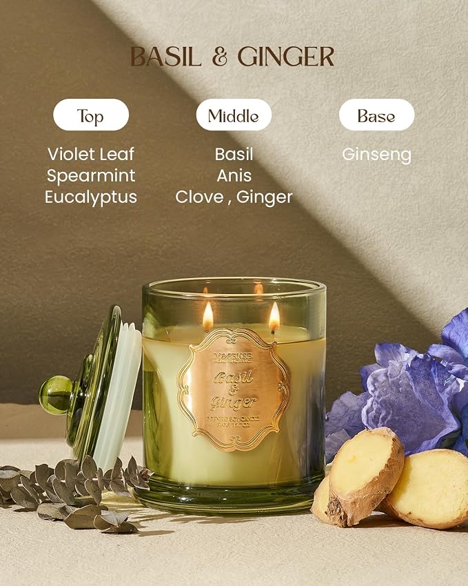 M&SENSE Basil Ginger Scented Candle 12.7oz Stress Relief Gift 2 Wick | Soy Wax, Non-Toxic, Air Purifying, Ideal for Bathtub Relaxation, Summer Candles