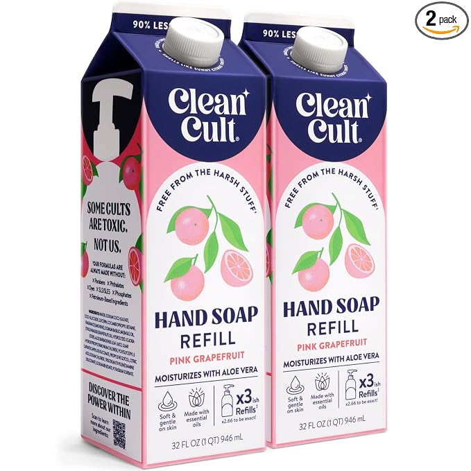 Cleancult Liquid Hand Soap Refill - Pink Grapefruit- Moisturizes Dry & Sensitive Skin - Made with Aloe Vera & Essential Oils - Eco Friendly - Paper-Based Packaging - 32 oz/2 Pack