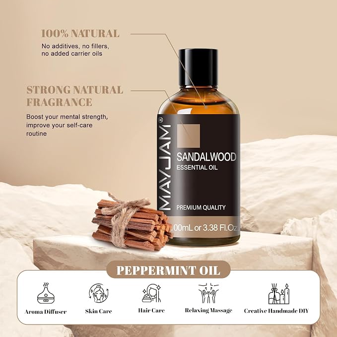 Sandalwood Essential Oil, 3.38FL.OZ Pure Essential Oils by MAYJAM, Large Volume Sandalwood Oil, Perfect for Aromatherapy Diffuser, Great for DIY Candle and Soap Making