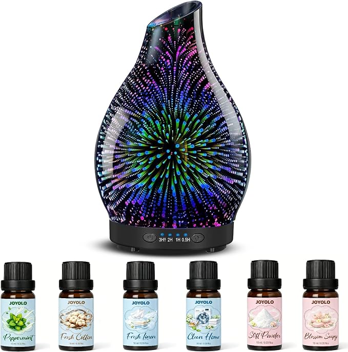 Essential Oil Diffuser & Essential Oils Set, Glass Aromatherapy Diffuser with 7 LED Colors, 6 Oils Gift Pack (Clean Home, Peppermint, Blossom Soapy, Soft Powder, Fresh Cotton, Fresh Linen)