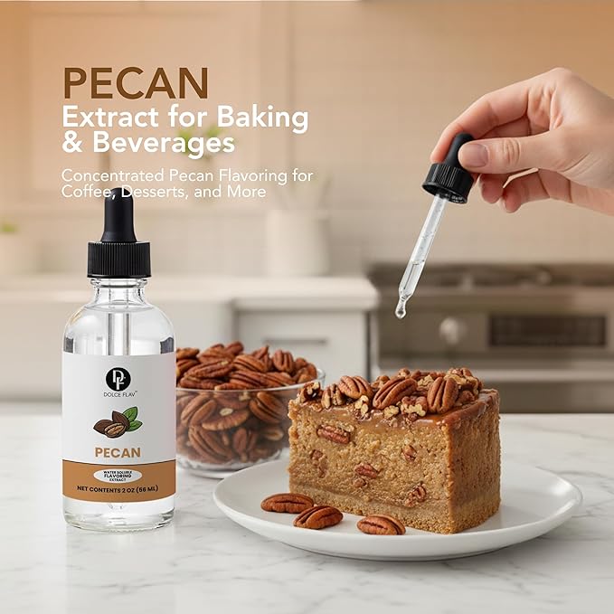 Dolce Flav Natural Pecan Extract – Concentrated Flavoring for Baking, Candy Making & Beverages – Water Soluble Liquid Flavor Drops – Professional Strength Food Grade Flavoring – 2 Fl Oz