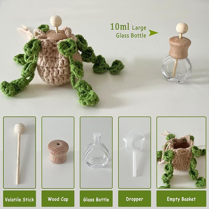 Crochet Car Essential Oil Diffuser, 10ml Refillable Essential Oil Bottle with Hanging Crochet Green Plant Ornament for Car Rear View Mirror, Home Office Air Freshener Decor