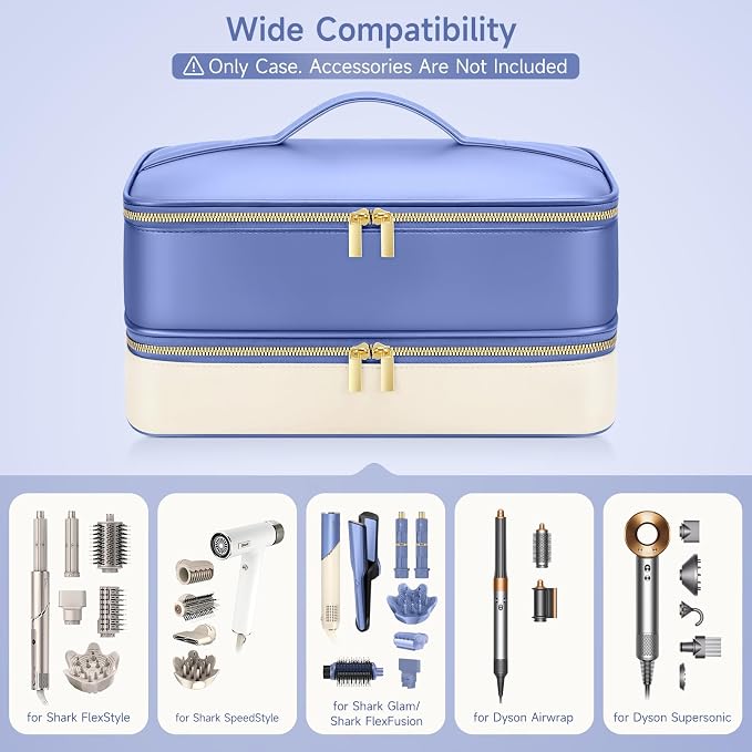 Travel Hair Dryer Case for Shark Glam, Portable Hair Tools Bag for Shark FlexFusion, Double-Layer Carrying Case for FlexStyle Blow Dryer, Silki & Glossi Attachment Holder (Periwinkle&Buttercream)