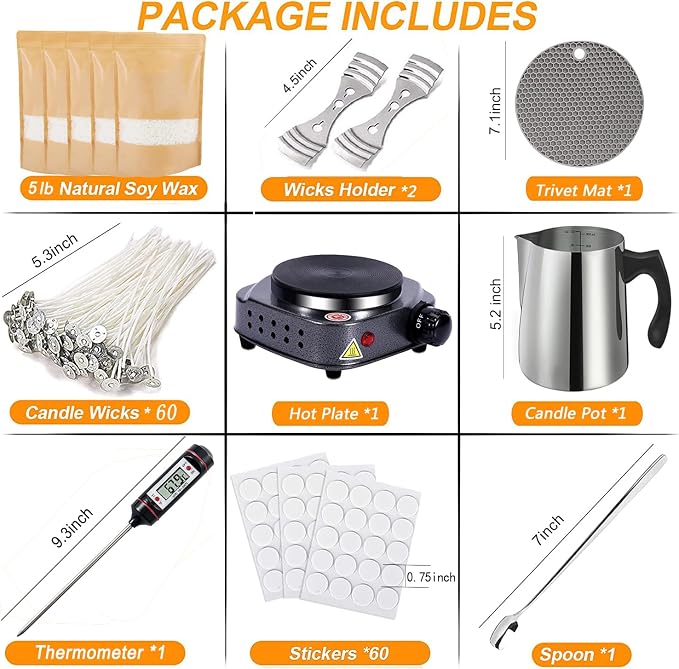 BBAXI Candle Making Kit with Hot Plate for Adults,Candle Wax Melter for Melting,Including Pouring Pot, Hot Plate,5lb Soy Wax,Stain Spoon,Cotton Wicks,Center Devices,Wick,Thermometer.