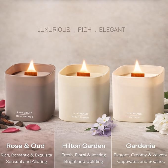 Set of 3 Premium Scented Soy Candles Gift Set | Nature's Bloom Collection - Gardenia, Hilton Garden and Rose & Oud | Crackling Wood Wick | Luxury Candles for Relaxation, Home Décor, Gifts | 9.8oz Each