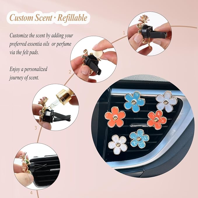 ORIESSE 6pcs Flowers Car Air Freshener Vent Clips,Blue Orange White Daisy Air Vent Clip Car Accessories for Women,3.3cm/3cm Flowers Vehicle Decor Refillable Diffuser
