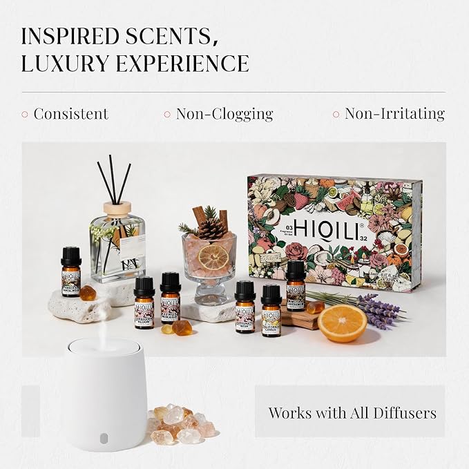 HIQILI Discovery Fragrance Oil Set - 32 Premium Scents for Essential Oils Diffuser, Humidifier, DIY Perfume, Candle & Soap Making, Laundry Dryer Balls, Home Aroma, Long Lasting Aromatherapy Gift Set