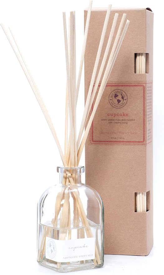 ECO CANDLE CO. Reed Diffuser Set, Cupcake, 4 oz. - Scents of Yellow Cake & Icing - Premium Phthalate Free Fragrance and Essential Oil Blends, Clear Glass, 12 Reed Sticks, Recycled Kraft Box