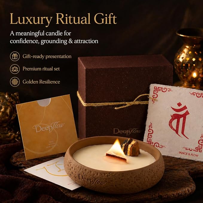 DEEP FLOW Tiger’s Eye Luxury Protection Candle - Jangchub Gold Ritual, Confidence & Grounding Scented Candle for Manifestation & Strength (Golden Resilience)