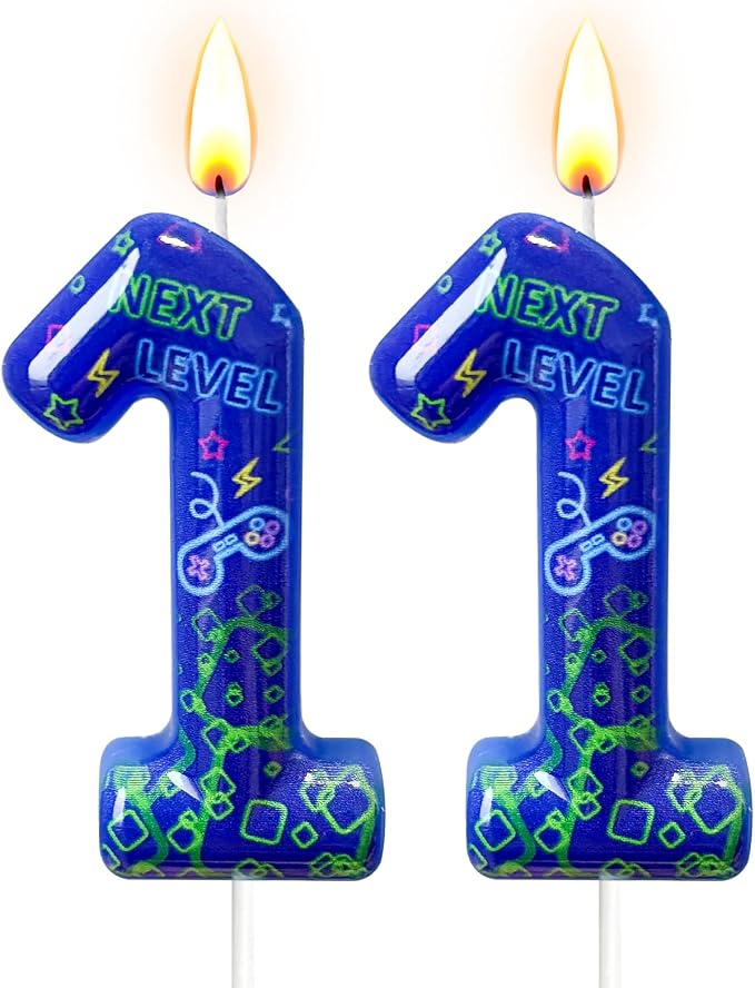 Number 11 Birthday Candle for Cake – Blue Gaming Theme Number Candle with “Next Level” Design, Video Game Style Cake Topper for Anniversary & Celebration