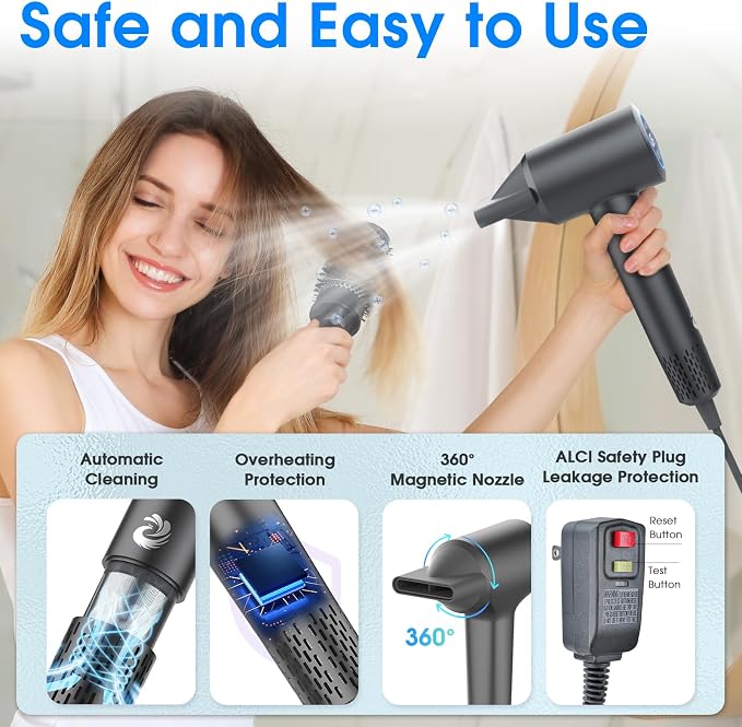 Hair Dryer, 1500W High Speed 110000 RPM Blow Dryer with Plasma Tech (Positive+Negative Ionic), LCD Display, 5 Modes, Thermo-Control, Low Noise, Fast Drying Travel Hair Dryer for Home or Travel (Gray)