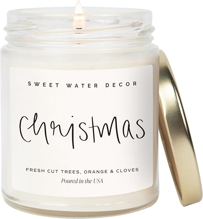 Sweet Water Decor Christmas Scented Candle - Cinnamon, Trees, Orange, and Clove Scented Winter Candle - Christmas Candles and Decor for Home - 9oz. Clear Jar Soy Candle, Made in the USA