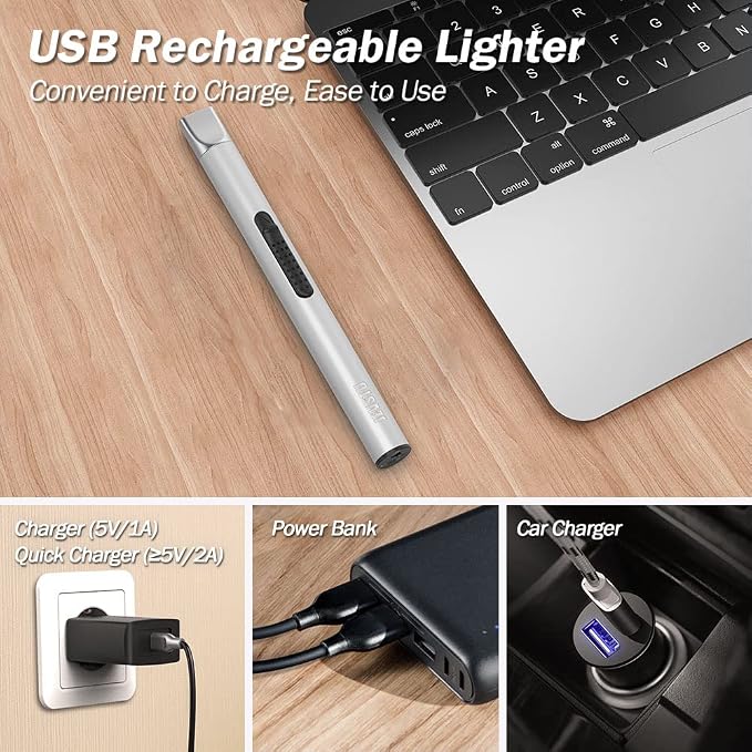 Candle Lighter, Electric Rechargeable USB, Arc Windproof Flameless Plasma Lighter Long Stick with Rope and Ring, No Butane Fluid, Perfect for Candle BBQ Camping Kitchen Stove, Silver