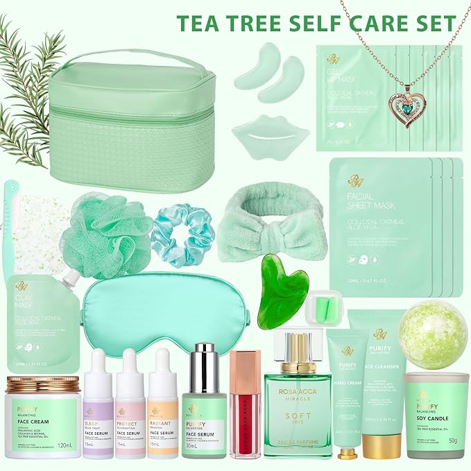 Mothers Day Gifts for Mom, 33 Pcs Tea Tree Skin Care Gift Set, Spa Gift Basket Set for Women, Necklace, Bath and Body Gift Set, Face Sheet Mask, Self Care Kit, Birthday Present, Christmas, Anniversary