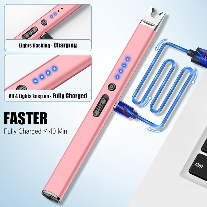 LcFun 2 Pack Candle Lighter Electric USB Rechargeable Plasma Arc Lighter with Safety Lock, Windproof Flameless Long Lighters for Candle, Grill, BBQ, Camping, Gas Stoves (Silver, Rose Gold)