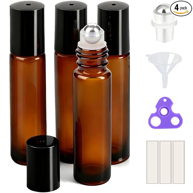 PrettyCare 4 Pack 10 ml Amber Glass Roller Bottles for Essential Oil with Stainless Steel Roller Ball - Refillable Leak-proof Empty Roll on Bottles with Black Caps for Travel, Perfume,Lab