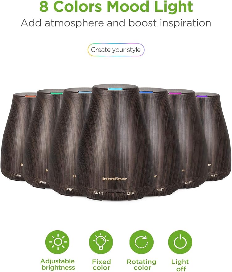 InnoGear Essential Oil Diffuser with Oils, 100ml Aromatherapy Diffuser with 6 Essential Oils Set, Aroma Cool Mist Humidifier Gift Set, Dark Wood Grain
