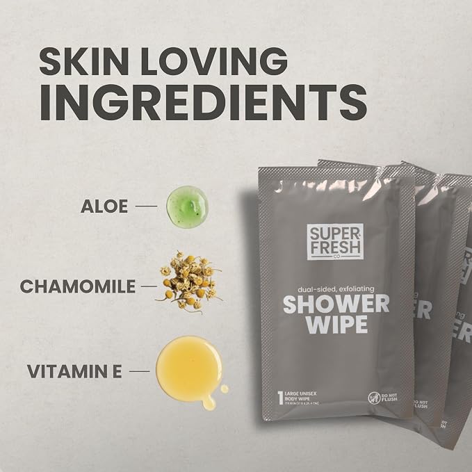 Super Fresh Shower Body Wipes, Travel Essentials for Camping, Large Sandalwood Wipes for Adults, Women, Men, Kids Personal Hygiene Cloth Enriched with Aloe and Vitamin E, Individually Wrapped 20 Pack