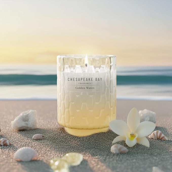 Chesapeake Bay, 8oz Golden Waves Scented Candle, Mood Evoking Fragrance, Textured Sea Glass-Inspired Jar, Premium Soy Blend Wax with Essential Oils, Coastal Fragrance for Home Décor or Gifting