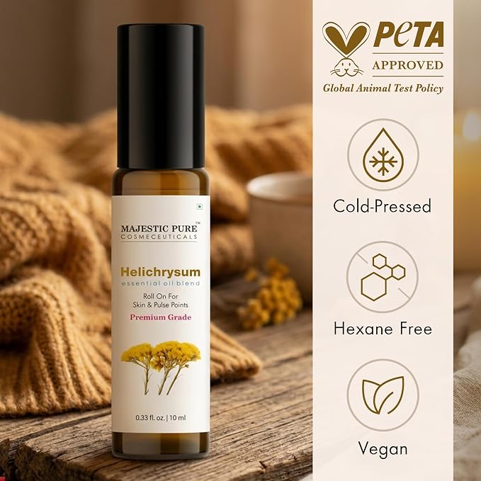 Majestic Pure Helichrysum Essential Oil, 10ml Roll-On | Helichrysum Italicum, Grapeseed Oil, Skin Care, Stress Relief