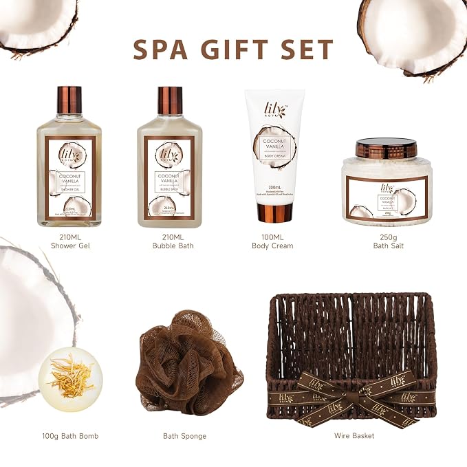 Coconut Vanilla Spa Gifts Bath Kit, 7Pcs Moisturizing Gift Set for Women Men