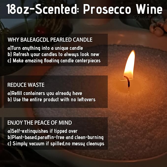 Prosecco Dawn Pearled Candle 18 Oz with 30 Wicks - Prosecco Wine Scented Sand Candles White Refillable Wax Lasts Up to 120 Hours Smooth and Clean Burning for DIY Candle Making
