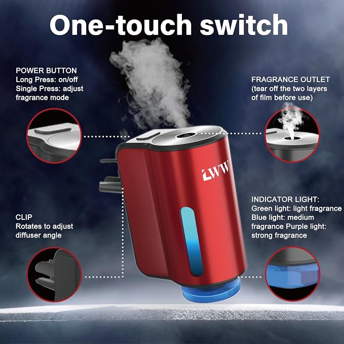 LWW Smart Car Air Freshener - 3 Levels Strength with Ventilation Clip, Rechargeable Car Fragrance Atomizer - with 8 10ml Bottles of Fragrance, Long Lasting Oil Diffuser (Red)