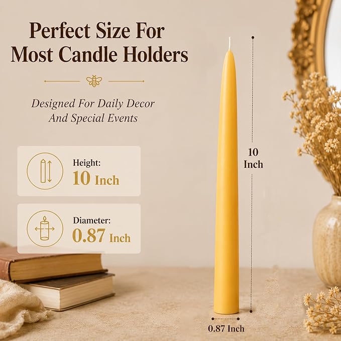 10inch Beeswax Taper Candles 12 Pack Natural Pure Beeswax Candlesticks Smokeless 9 Hour Long Burning Time Tapered Beeswax Candle Sticks Bees Wax Candle for Home Prayer