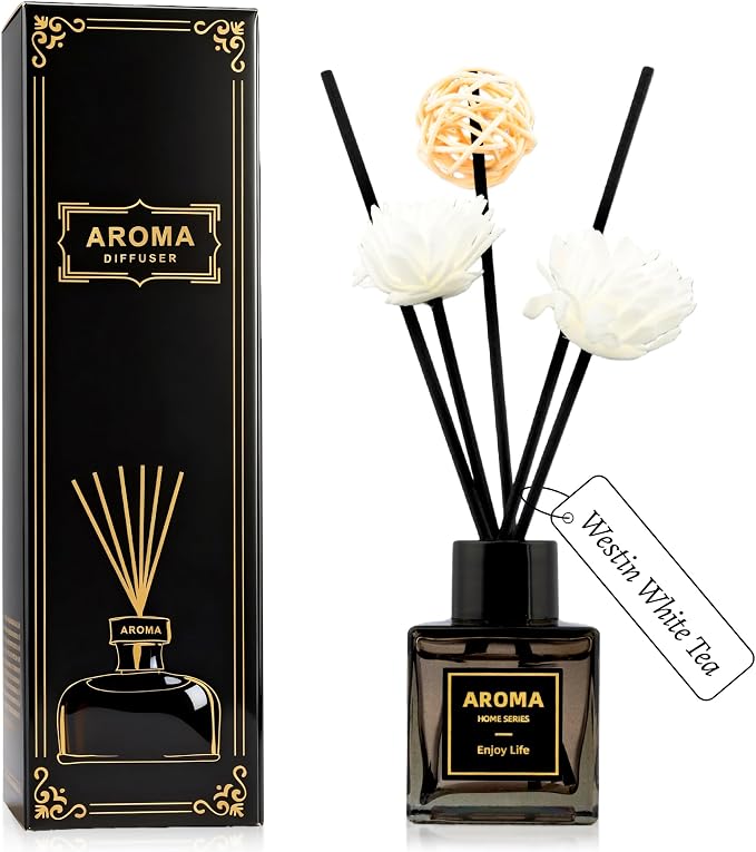 Black Glass Bottle Scent Diffuser, 1.7 oz Reed Diffuser with Sticks, Home Fragrance for Bookshelf, Bedroom Vanity, Office Desk & Bathroom Decor, Air Freshener for Aesthetic Room Decor (White Tea)