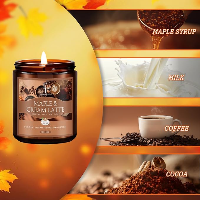 Fall Candle, Maple & Cream Latte Scented Candles for Home, Natural Soy Autumn Candle Aromatherapy Candle, 7 oz Jar Candles Fall Gifts for Women Men