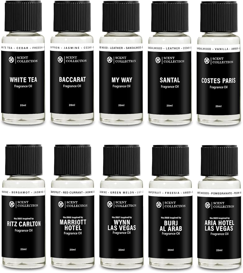 Hotel Diffuser Oil Set-Top 10 Scents 20ml/0.68fl oz Inspired by 5-Star Hotels - Gift Set for Diffuser & Room Scenting - Aromatherapy Oils with Notes of Cardamom, Tuscan Leather, and Sandalwood